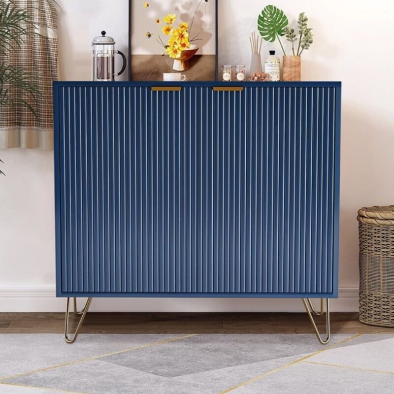 Buffet 80 cm, décor rayures texturées, avec deux portes, cloisons réglables, avec poignées dorées et pieds dorés - Bleu foncé