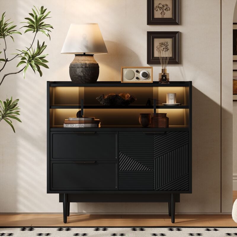 Tanant - Buffet 80 cm, Meuble de rangement avec bandeau lumineux, Porte vitrée, avec 2 tiroirs, Décor texturé, Moderne, Meuble d'appoint - Noir