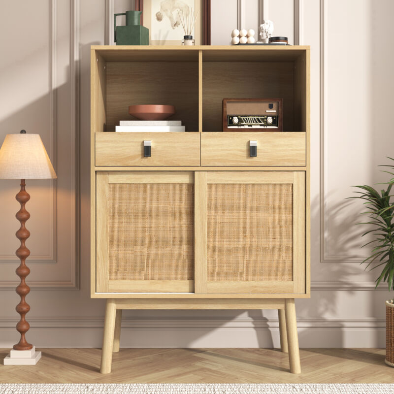 Buffet 80x39,5x120 cm, 2 portes avec tissage en rotin véritable, 2 tiroirs, et 2 compartiments ouverts - Bois