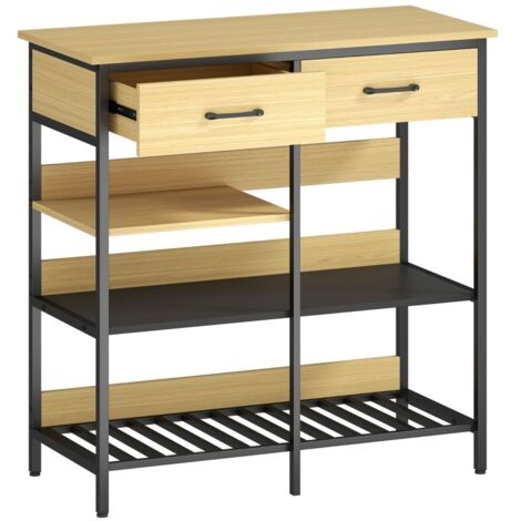 Buffet 90x40x91 cm bois naturel, 2 tiroirs 3 étagères ouvertes, meuble salon cuisine rangement design scandinave moderne