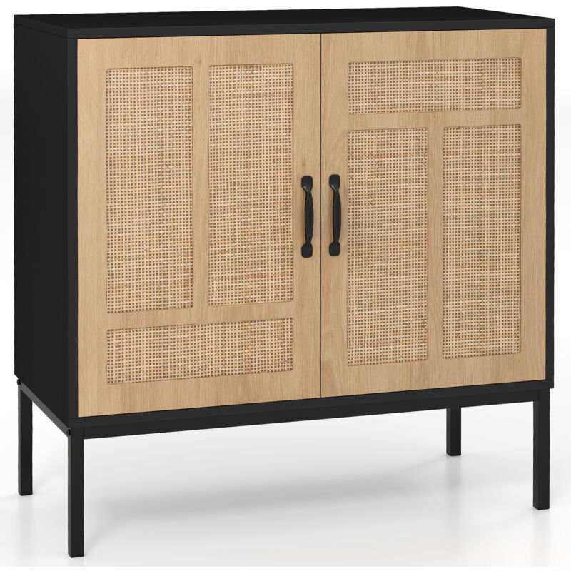 Buffet à 2 Portes avec Étagère Réglable à 3 Positions, Porte en Rotin, Meuble d'Appoint Bohème 80 x 38 x 81 cm pour Cuisine, Salon, Couloir, Noir