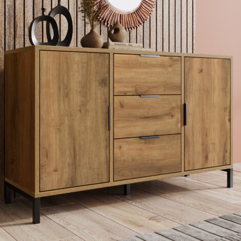 Buffet à 2 portes et 3 tiroirs, étagères réglables couleur chêne foncé 120x40x76 cm
