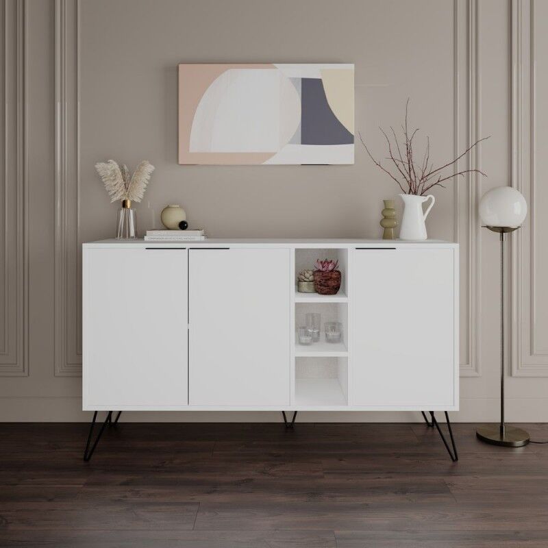 Buffet à 3 portes et compartiments ouverts blanc 142x83H cm - Clara