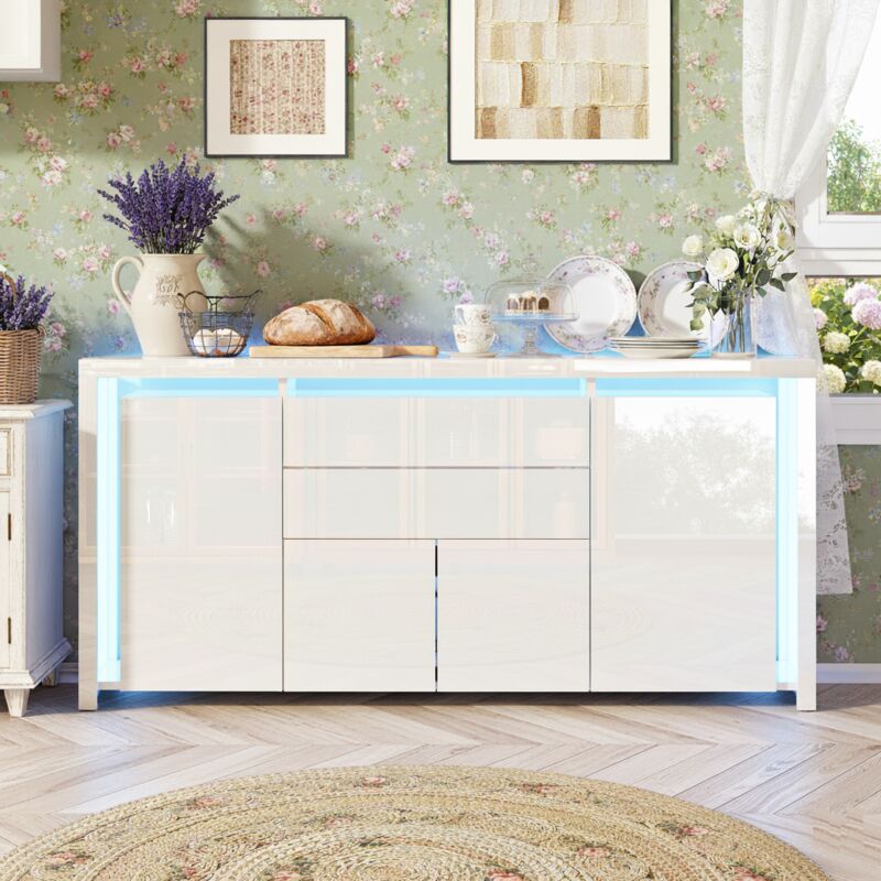 Buffet à 4 portes, 1 grand tiroir, éclairage LED réglable, finition laquée brillante, 160x35x75 cm, Buffet de cuisine, Blanc
