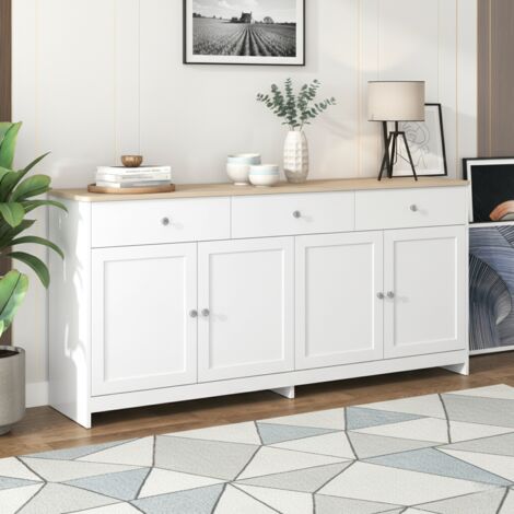Buffet à 4 portes et 2 tiroirs - comptoir à finition blanche et grain de bois - poignées métal portes à charnières - L160 x P37 x H75 cm - Scandinave