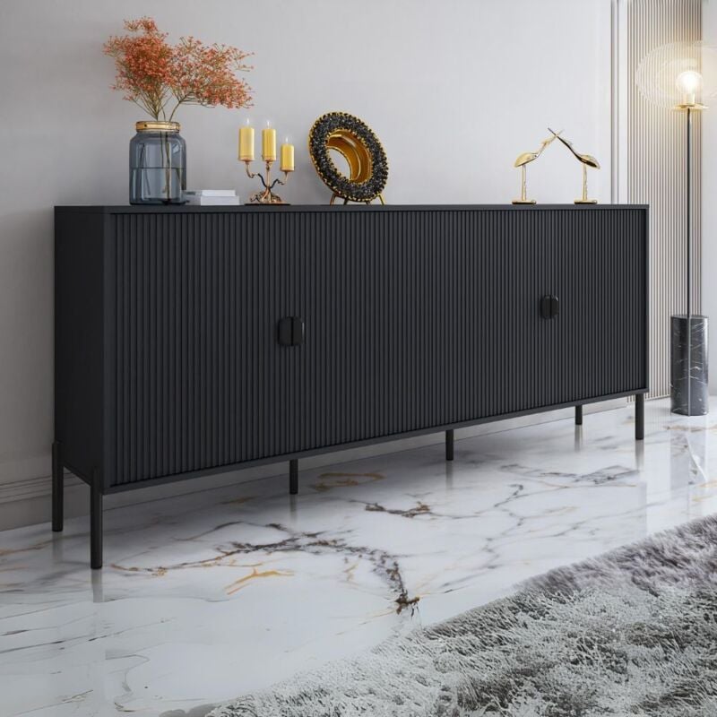 Toscohome - Buffet à 4 portes et façades cannelées noir mat 203,4x49x87,4H cm - Blast