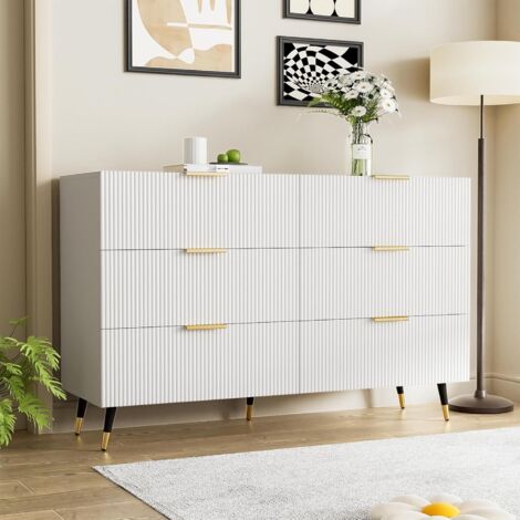 Buffet à 6 tiroirs, meuble de rangement fonctionnel pour chambre et salon, design élégant en panneaux de particules, 120 x 40 x 77 cm – Noir et or