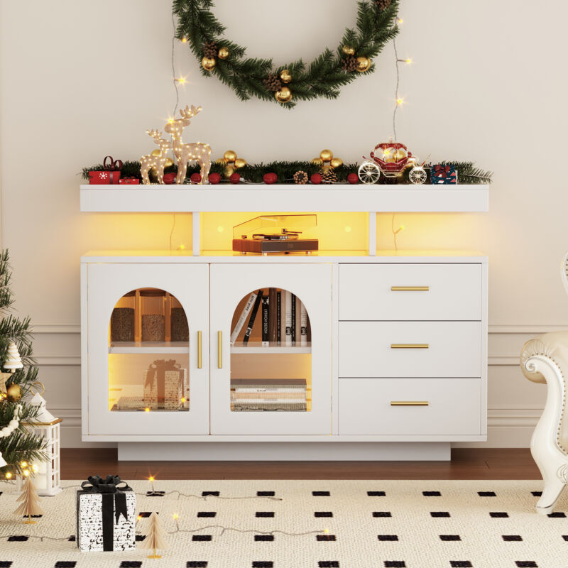 Ohjijinn - Buffet à led, meuble de bar à café de 120 cm, meuble à tiroirs, buffet de salon, meuble de cuisine brillant avec 16 lumières de couleur