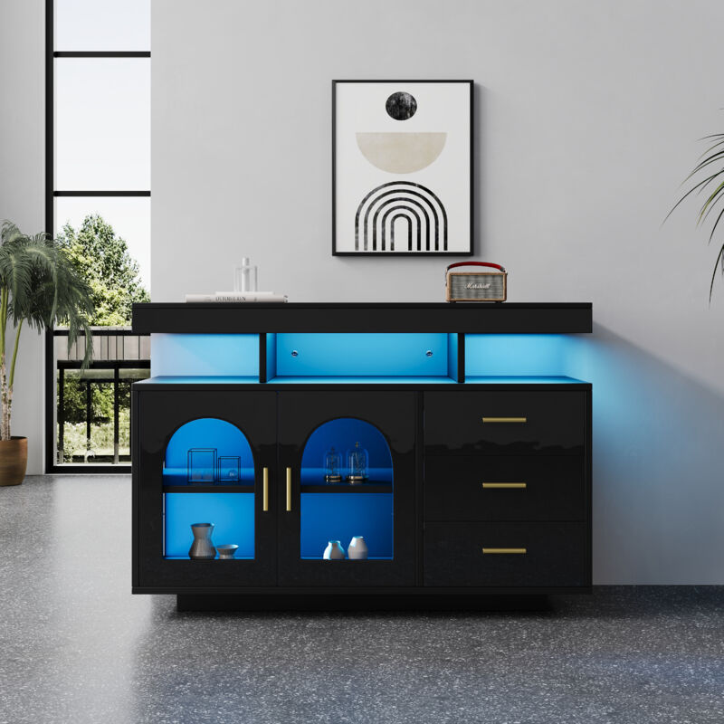 Buffet led, grand meuble bar à café de 120 cm, avec lumières 16 couleurs,en bois, noir