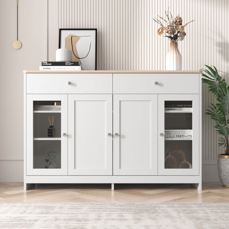 Buffet avec grain de bois blanc, quatre portes, avec deux tiroirs, porte vitrée. Salon salle à manger. Couleur bois et blanc