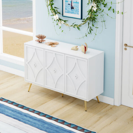 Buffet à trois portes blanc décoré de motifs sculptés en 3D adapté au salon 120×40×80 cm