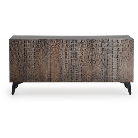 Buffet à trois portes en similicuir crocodile brun taupe, pieds en bois de manguier et métal