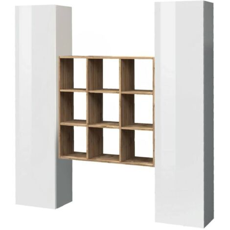 Buffet Acerenza, Meuble 16 Étagères, 19 Compartiments Fabriqué en Italie, 2 Portes, 40x30x180h cm Blanc Brillant