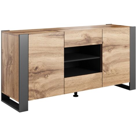 Buffet Albignola, buffet de salon avec deux portes battantes, deux tiroirs et compartiments intérieurs, surélevé du sol, 164x44 h80 cm, chêne noueux et anthracite