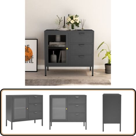 Buffet Anthracite 75x35x70 cm Acier et verre trempé - Buffet - Meuble De Rangement - Buffet Moderne - Mobilier Intérieur - Meubles De Salon
