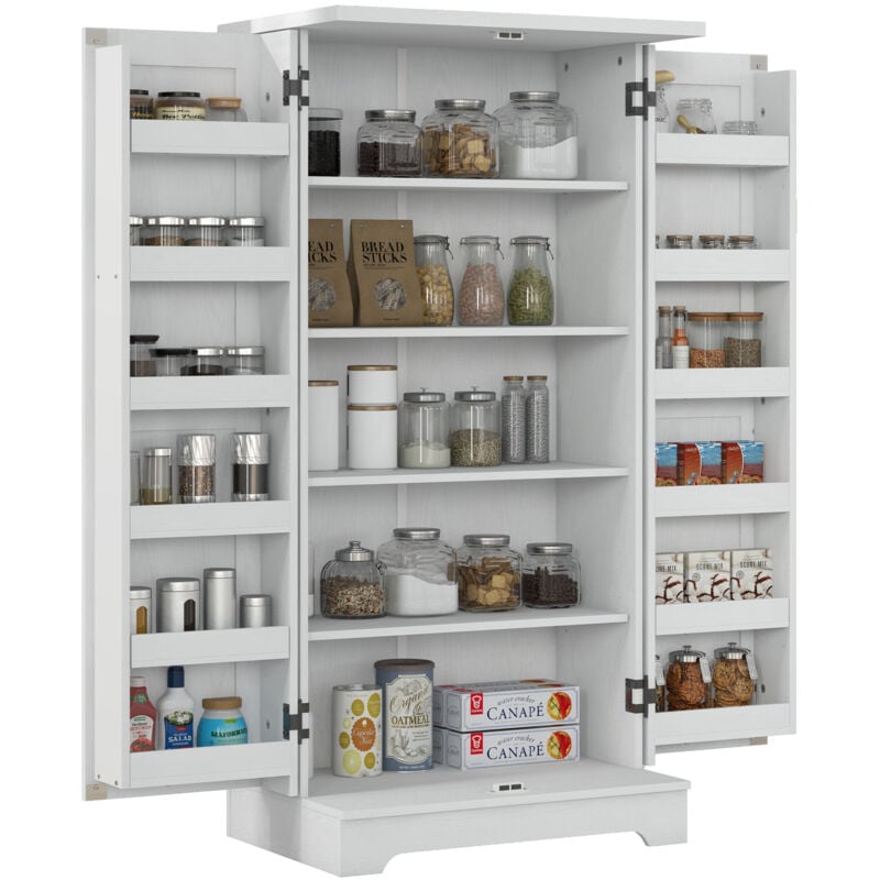 Buffet armoire de cuisine 5 niveaux réglables - 2 portes avec 12 porte-épices - aspect bois blanc cassé