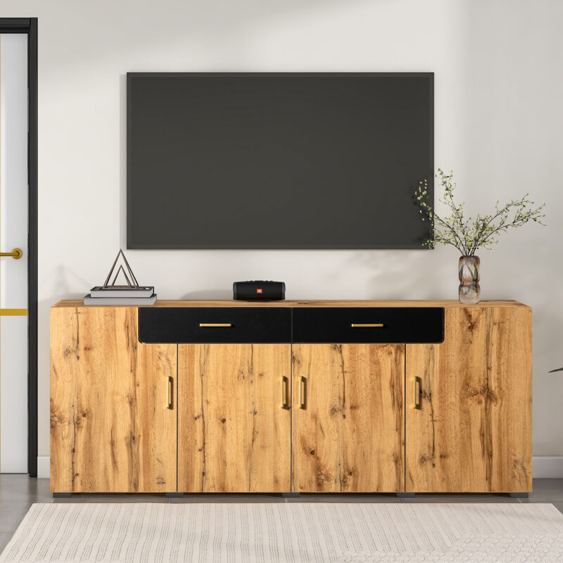 Buffet, meuble de cuisine, meuble de rangement, 208 x 39,5 x 80 cm, commode à 4 portes, 2 tiroirs, buffets, Couleur naturelle