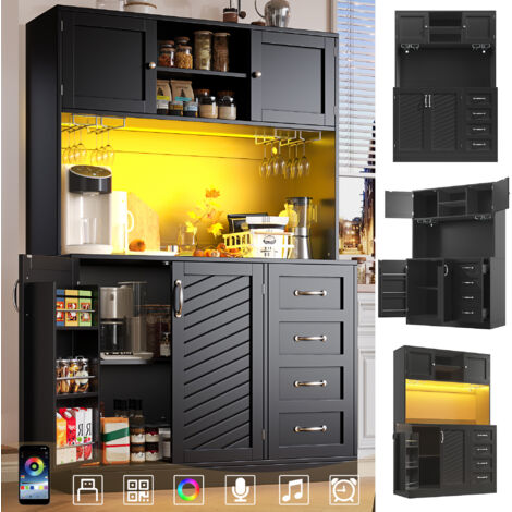 Buffet Armoire de Rangement avec LED & App, 4 Portes 2 Tiroirs, Noir, 120x40x188cm