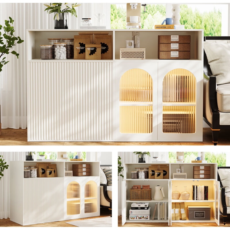 Buffet avec porte vitrée avec lumière led armoire en bois autoportante armoire en bois cuisine maison salon blanc 140 × 35 × 90 cm