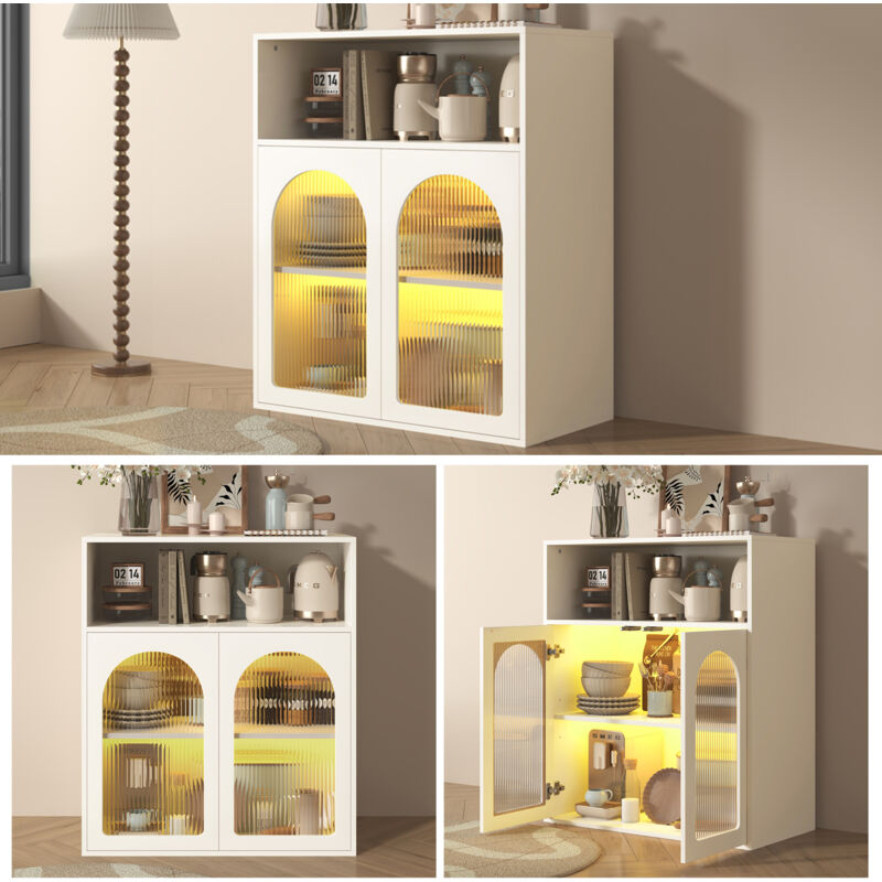 Buffet, meuble de rangement avec porte vitrée et lumière led, meuble indépendant en bois, cuisine, maison, salon, blanc, 70 x 35 x 90 cm