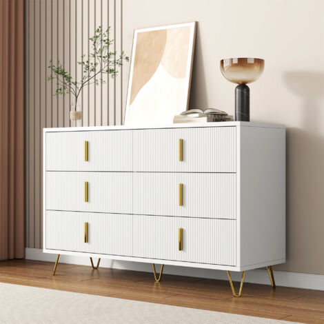 Buffet/Armoire de rangement blanc, commode à 6 tiroirs avec pieds dorés, 120x40x77 cm