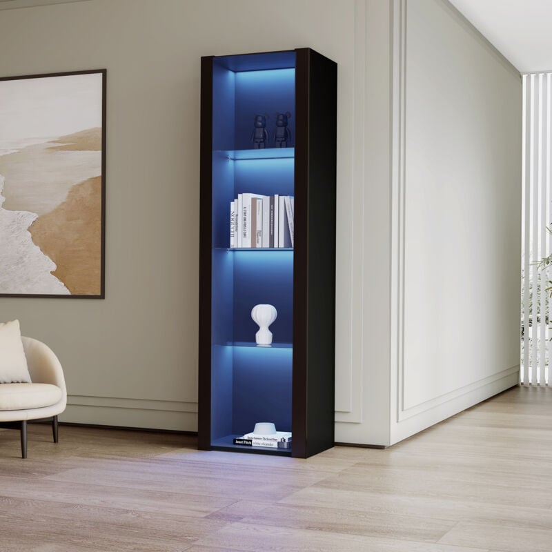 Hauss Spole - Vitrine, 3 compartiments en verre, 55x38x166cm, brillante avec éclairage led, armoire haute, armoire de rangement, noir