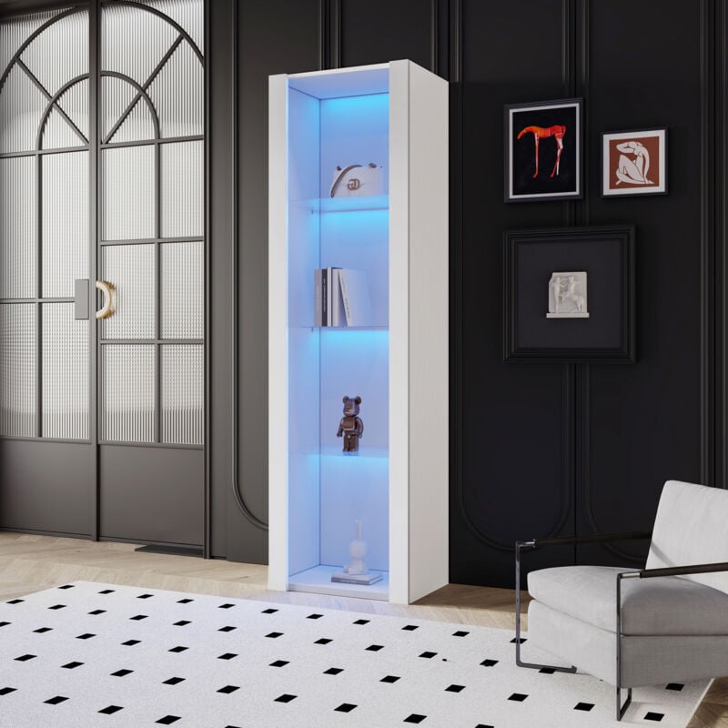 Hauss Spole - Vitrine, 3 compartiments en verre, 55x38x166cm, brillante avec éclairage led, armoire haute, armoire de rangement, blanc