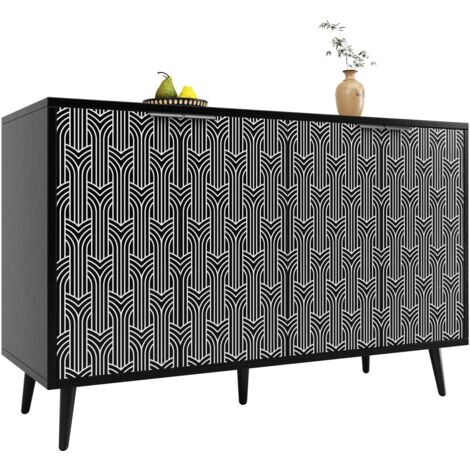 Buffet Armoire Salle À Manger 120x35x78cm Noir Porte Sculptée Chevron - Meuble Salon Design Antidumping