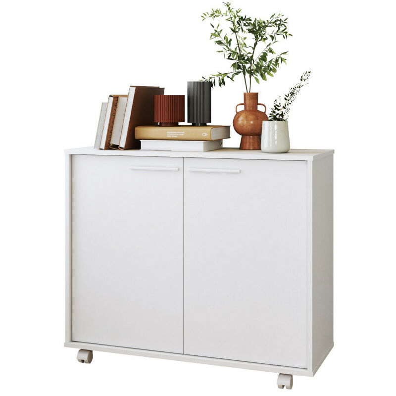 Beaux Meubles Pas Chers - Buffet Armoirette 2 Portes 4 Niches Blanc l 90 cm sur Roulettes