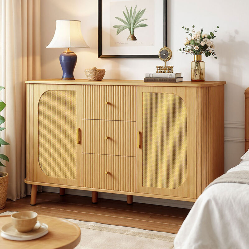 Buffet arrondi 2 portes en rotin + 3 tiroirs 140x40x80 cm effet chêne Buffet arrondi 2 portes en rotin + 3 tiroirs 140x40x80 cm effet chêne