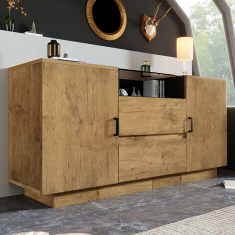 Buffet aspect chêne avec 2 tiroirs, 2 caissons et compartiment ouvert, 140x40x70 cm