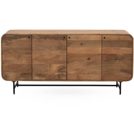 Buffet aux lignes courbes, 4 portes en bois de manguier massif, pieds en métal noir