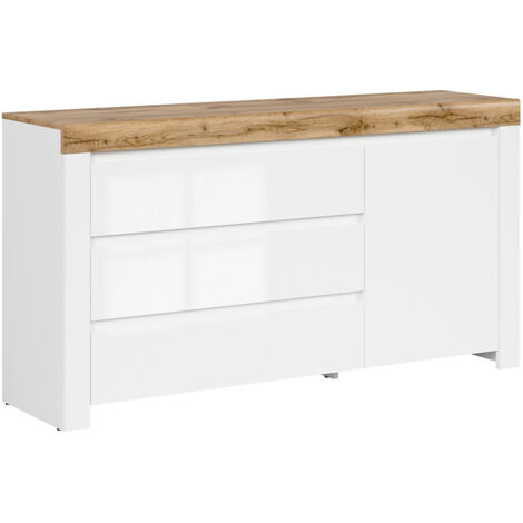 Buffet avec 1 porte et 3 tiroirs, coloris Blanc/Chêne wotan - Longueur 156 x Profondeur 42 x Hauteur 83,5 cm