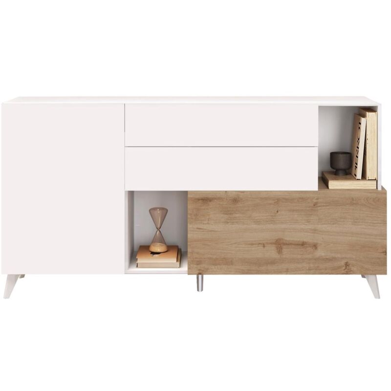 Buffet avec 2 portes, 2 tiroirs et 2 niches - Naturel et blanc laqué - donala