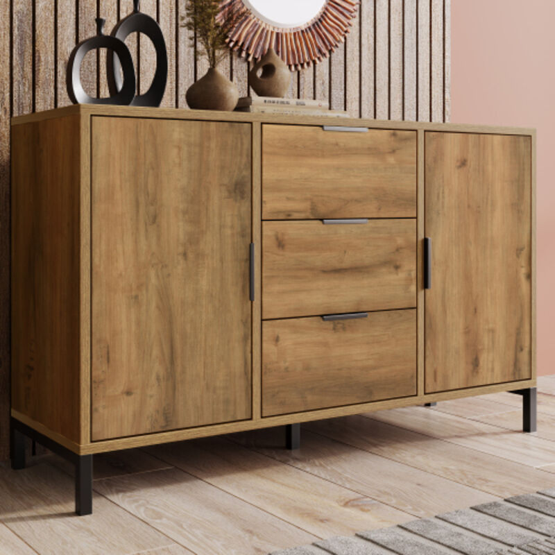 Okwish - Buffet avec 2 portes, 3 tiroirs et étagère réglable, en chêne foncé, 120 x 40 x 76 cm
