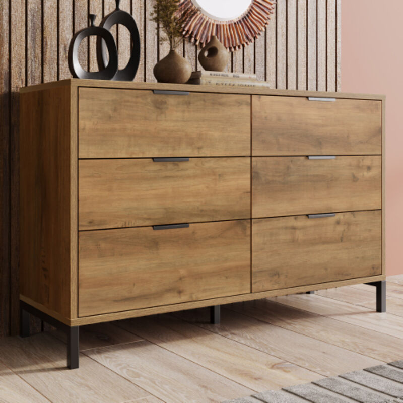 Okwish - Commode à 6 tiroirs en chêne foncé, 120 x 40 x 76 cm