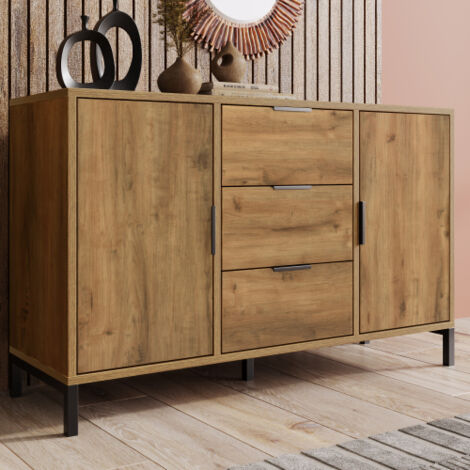 Buffet avec 2 portes, 3 tiroirs et étagère réglable, en chêne foncé, 120 x 40 x 76 cm