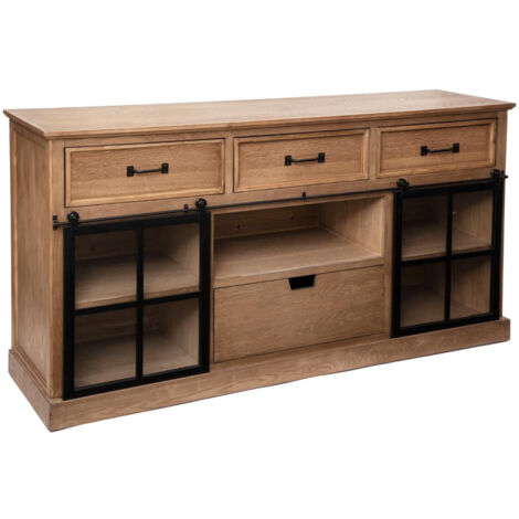Buffet avec 2 portes 4 tiroirs en bois et verre - Longueur 160 x Profondeur 40 x Hauteur 85 cm