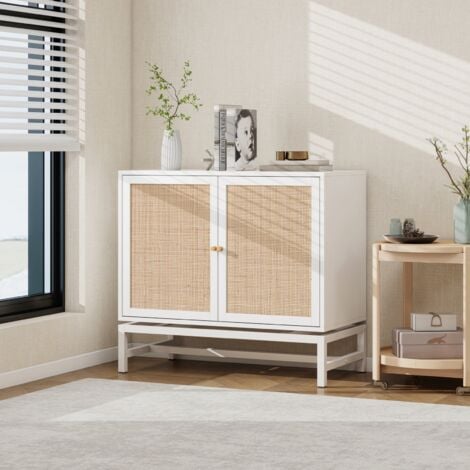 FORTUNA LAI Buffet avec 2 portes en rotin avec 1 étagère intérieure réglable armoire de rangement accentuée 80x 40 x 80cm naturel