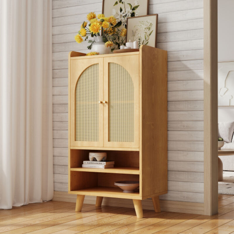 Buffet avec 2 portes en rotin et 2 compartiments ouverts - 60 x 40 x 121 cm - Panneau de particules - Naturel