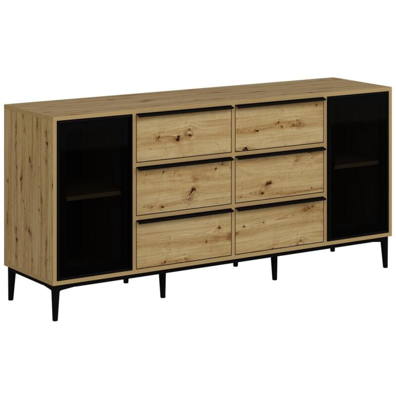 Vente-unique - Buffet avec 2 portes en verre trempé et 6 tiroirs - Naturel et noir - molinia