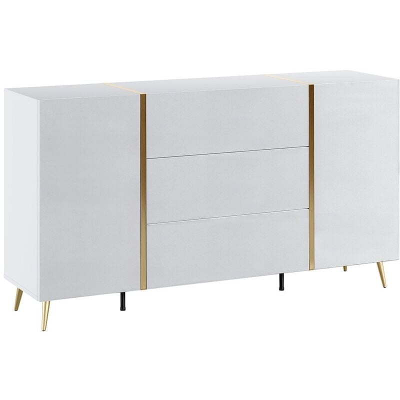 Vente-unique - Buffet avec 2 portes et 3 tiroirs - Blanc brillant et Doré - marzialo
