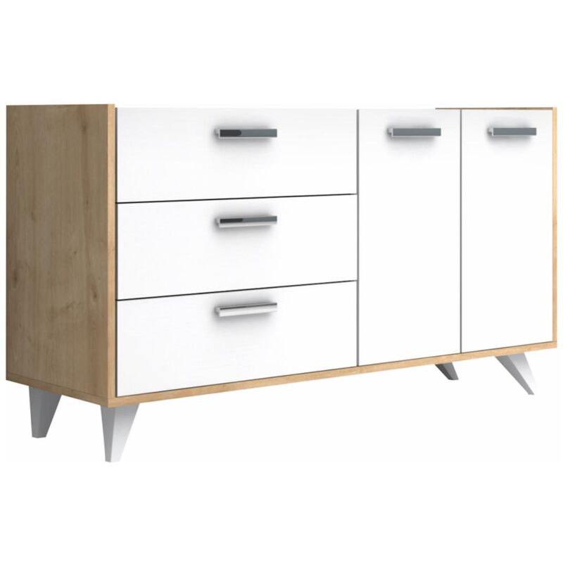 Vente-unique - Buffet avec 2 portes et 3 tiroirs - Blanc et naturel - naely