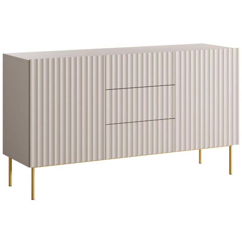 Buffet avec 2 portes et 3 tiroirs en MDF et acier - Beige et doré - EVILANA