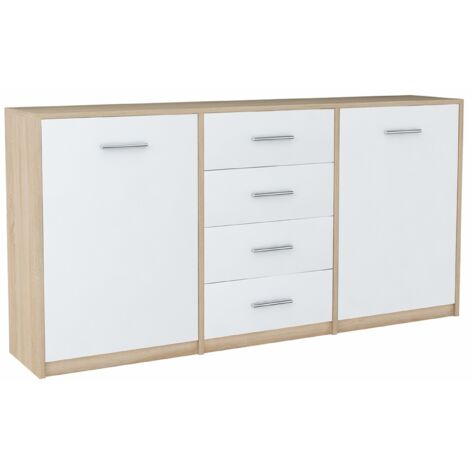 Buffet avec 2 portes et 4 tiroirs Blanc / Sonoma - Meuble de Rangement Style contemporain - 177 x 35 x 75 cm