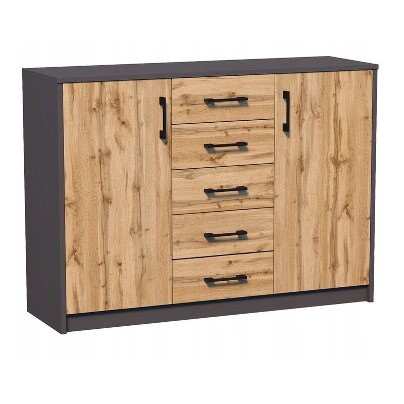Buffet avec 2 portes et 5 tiroirs Graphite - Meuble de Rangement Style contemporain - 110 x 35 x 85 cm