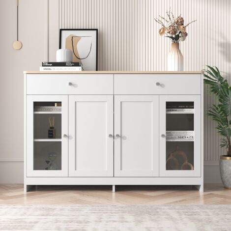 Buffet avec 2 tiroirs et 4 portes 120 cm - porte vitrée, Buffet de rangement scandinave pour salon, cuisine - Blanc