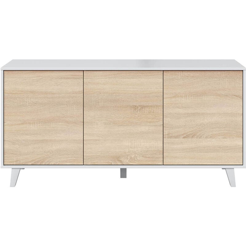 Pegane - Buffet avec 3 Portes coloris blanc brillant et chêne - Dim : l 154 x p 41 x h 75 cm