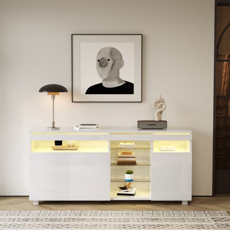 Buffet avec 3 portes de rangement 155cm - Buffet brillant avec étagères en verre et éclairage led, espace de rangement pour salon, cuisine - Blanc
