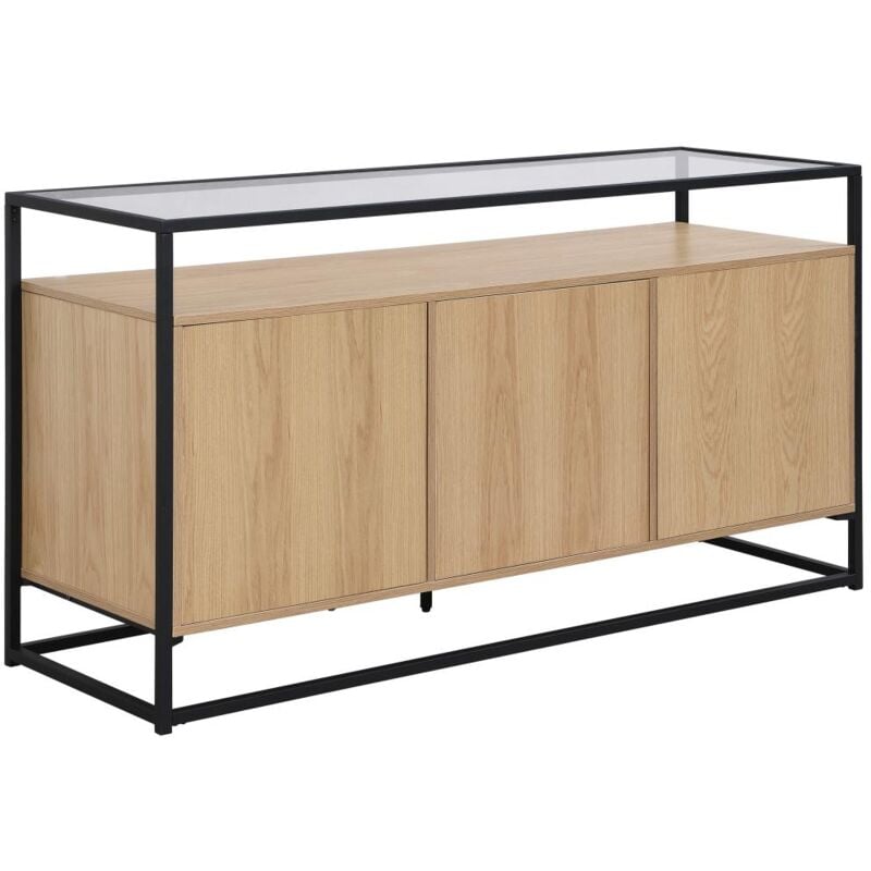 Vente-unique - Buffet avec 3 portes en mdf, verre trempé et métal - Naturel clair - camata